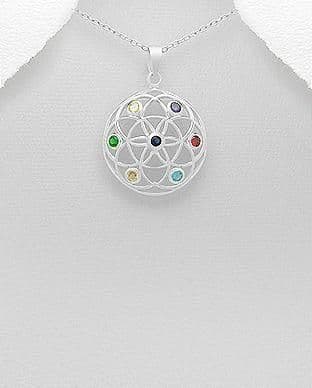 925 Sterling Silver Chakra Pendant & Chain Decorated with CZ Stones